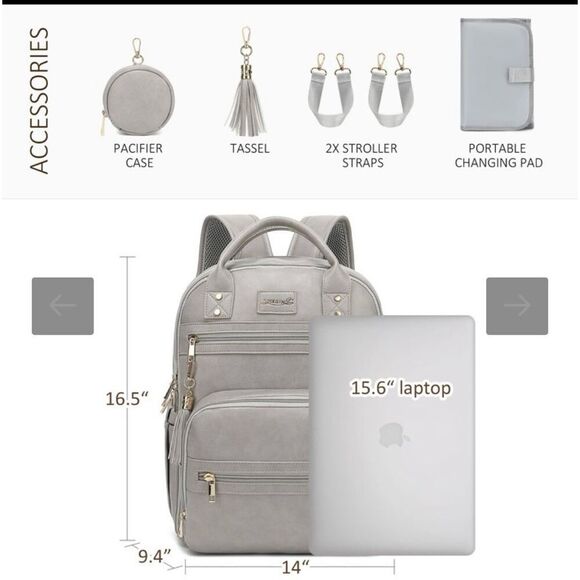 ROSEGIN Vegan Premium Leather Diaper Bag Backpack for Boy Girl Gray - Picture 10 of 13